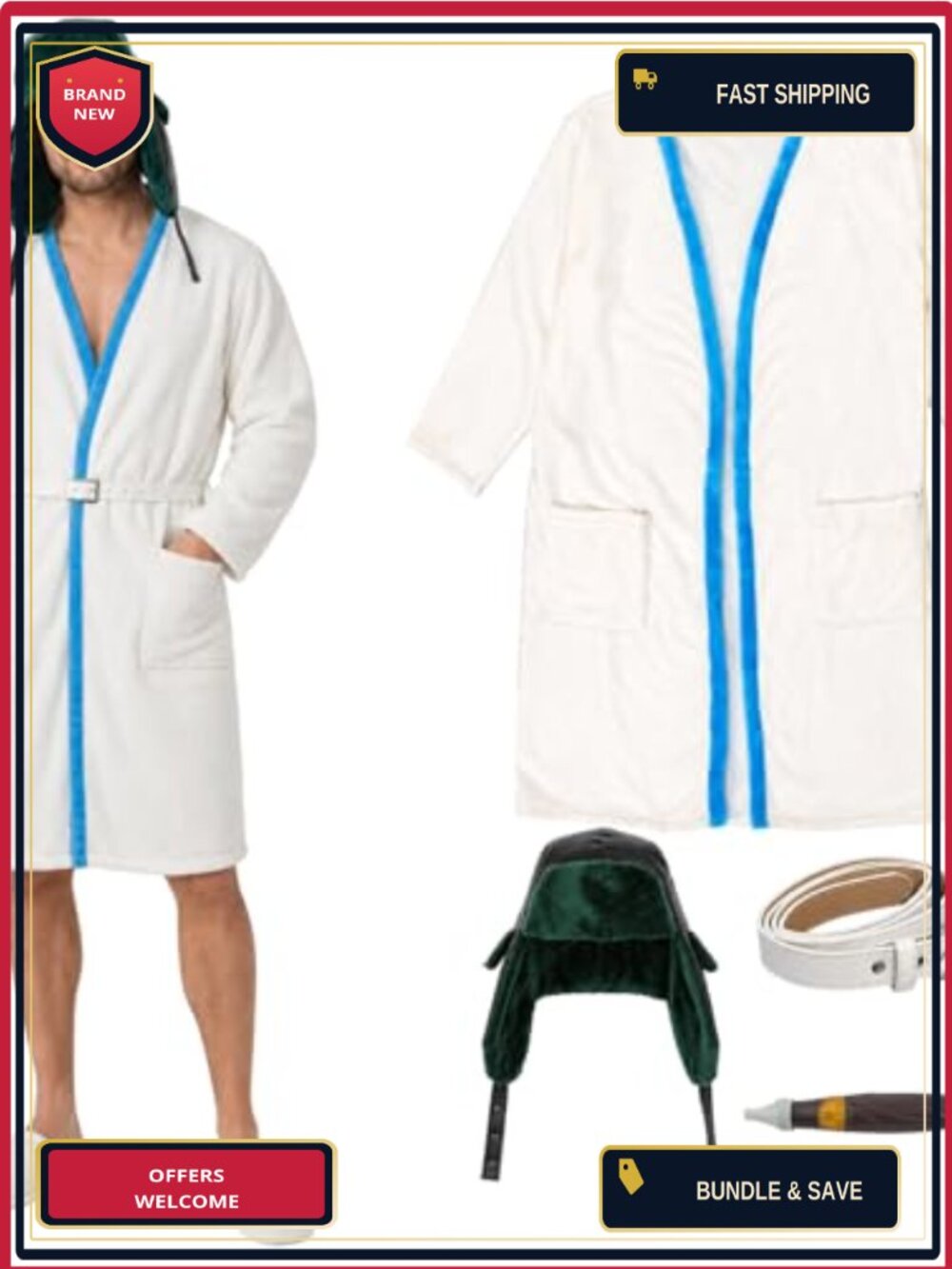 Men's 4-Piece Christmas Costume Set Flannel Robe Faux Leather Trapper Hat Belt
